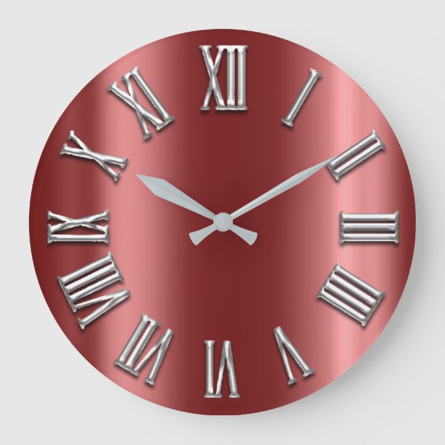Burgundy Grått Metallic Grått Silver Roman Number Stor Klocka (Framsida)
