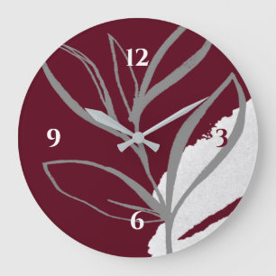 Burgundy & Grått minimalist Watercolor Löv Stor Klocka