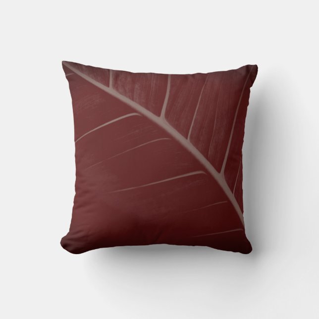 Burgundy & Grått minimalistiskt makro Löv Kudde (Framsida)
