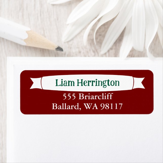 Burgundy & Green Address Label with Banner Returadress Etikett (Insitu)