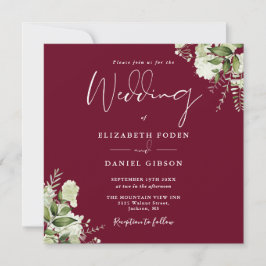 Burgundy Greenery Blommigt Monogram Square Bröllop Inbjudningar