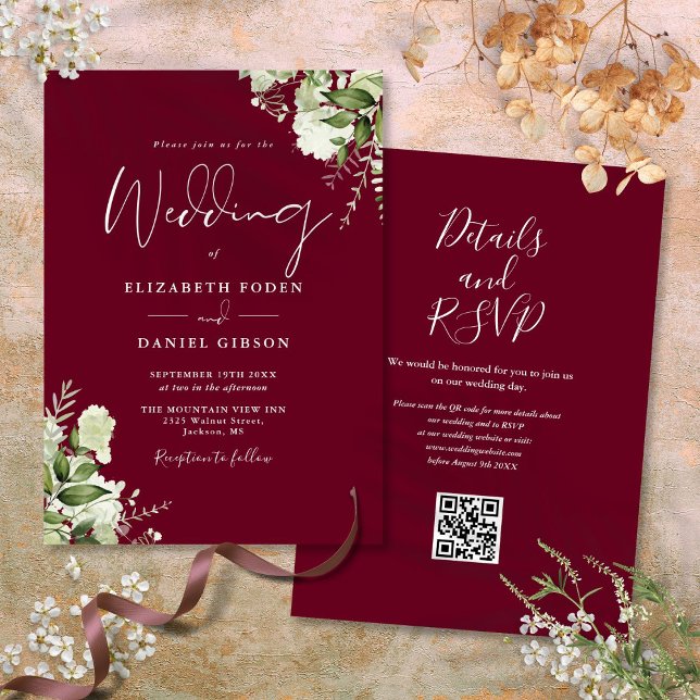 Burgundy Greenery Blommigt QR Code Bröllop Inbjudningar (Burgundy Greenery Floral QR Code Wedding Invitation)