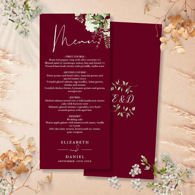 Burgundy Greenery Monogram Bröllop Middag Meny (Burgundy Greenery Monogram Wedding Dinner Menu)