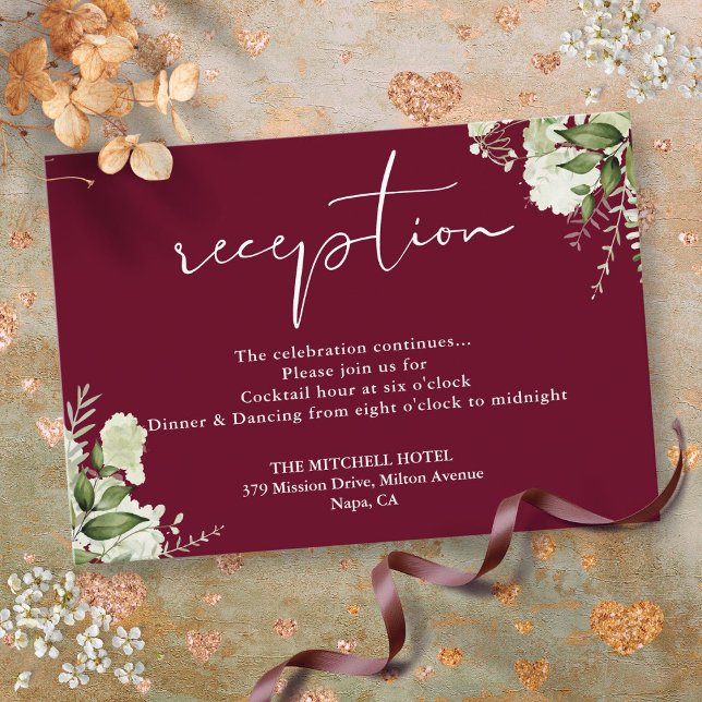 Burgundy Greenery Script Wedding Reception Tilläggskort (Burgundy Greenery Script Wedding Reception Enclosure Card)