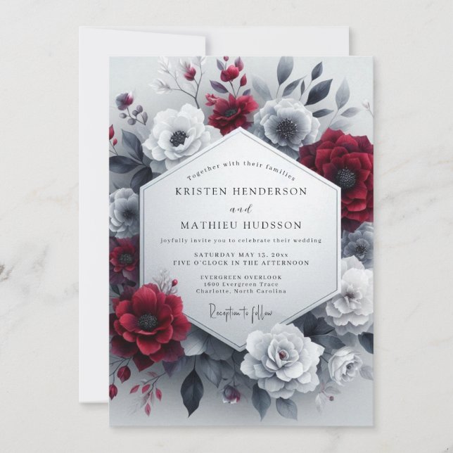 Burgundy Greyscale Bloom Wedding Inbjudningar (Framsida)