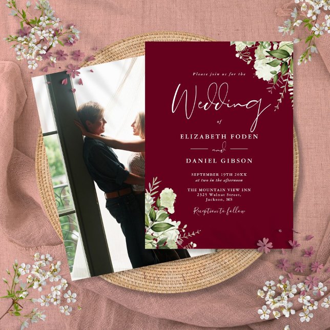 Burgundy Grönska Blad Elegant Foto Bröllop Inbjudningar (Burgundy Greenery Leaves Elegant Photo Wedding Invitation)