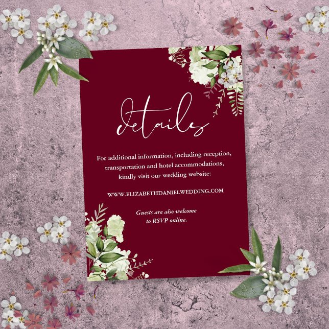 Burgundy Grönska Blommiga Bröllopsdetaljer Tilläggskort (Burgundy Greenery Floral Wedding Details Enclosure Card)