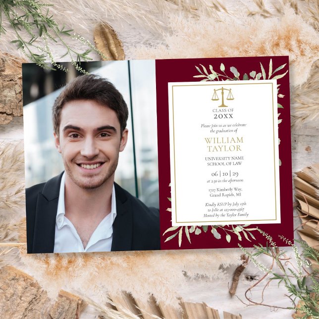 Burgundy Grönska Guld Juristexamen Foto Inbjudningar (Burgundy Greenery Gold Law School Graduation Photo Invitation)