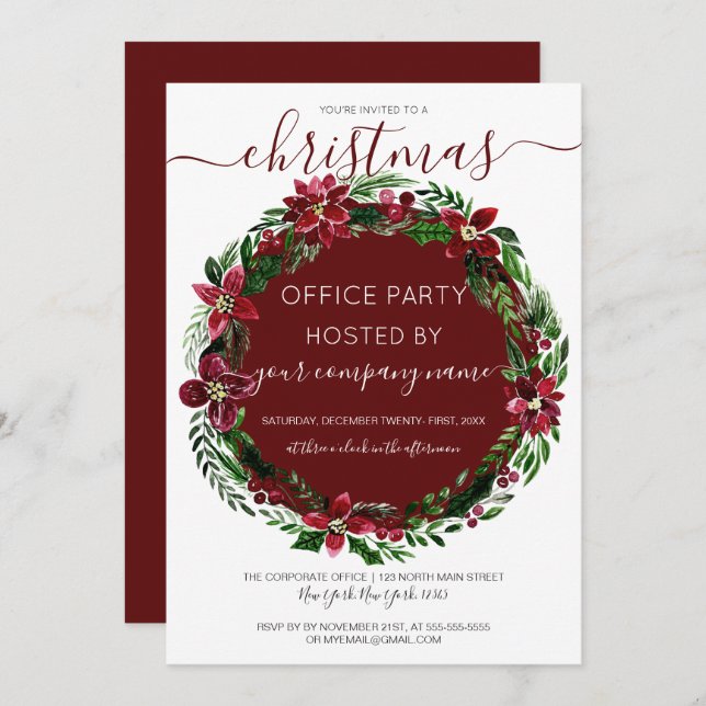 Burgundy Grönt Blommigt Utandning Bolagets jul Inbjudningar (Fram/baksida)
