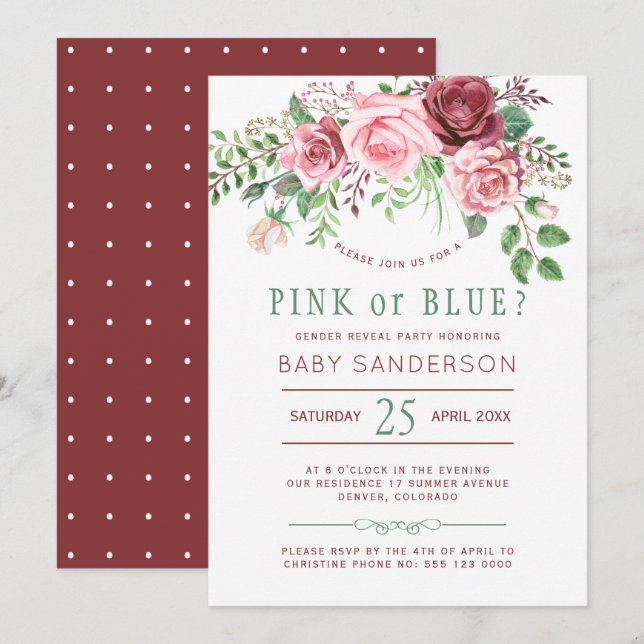 Burgundy Grönt Ro Baby Gender Reveal Party Inbjudningar (Fram/baksida)