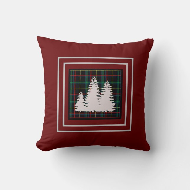Burgundy Grönt Tartan Plaid Gräs Träd Silhouette Kudde (Framsida)