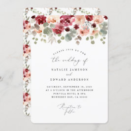 Burgundy grönt vattencolor blommigt bröllop inbjudningar