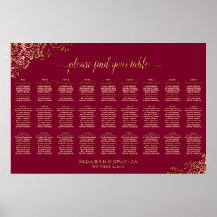 Burgundy & Guld 27 Bord Bröllopsställningsschema Poster