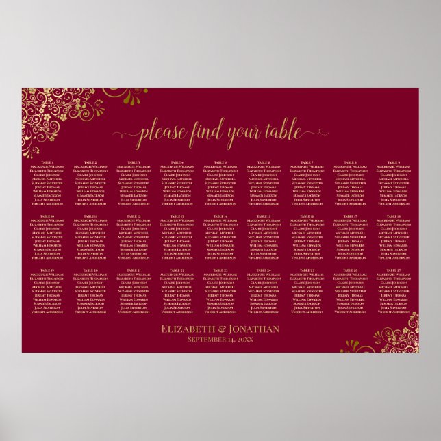 Burgundy & Guld 27 Bord Bröllopsställningsschema Poster (Framsidan)