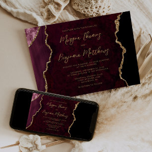 Burgundy Guld Agat Script Bröllop Inbjudningar