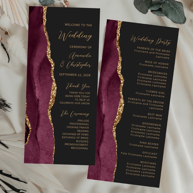 Burgundy Guld Agat Script Mörkt Bröllopsprogram (Skapare uppladdad)