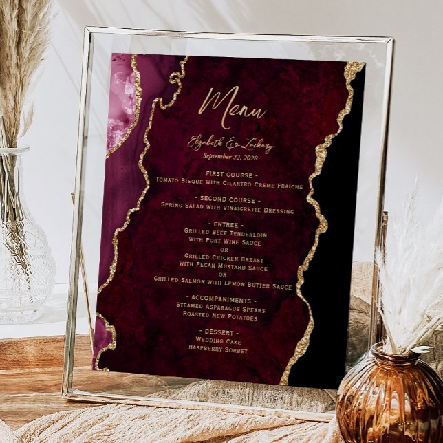 Burgundy Guld Agate Bröllop Bord Menu Poster (Skapare uppladdad)