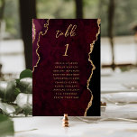 Burgundy Guld Agate Bröllop Bordsnummer<br><div class="desc">Den här eleganten har ett modernt kort för bordsnummer i bröllop en grumlig vattenfärgad bakgrund som trimmas med faux guld glitter. Ord "bord" visas i handskriftsskriptet guld-färgad. Lägg till namnen för de gäster som tilldelats varje bord.</div>