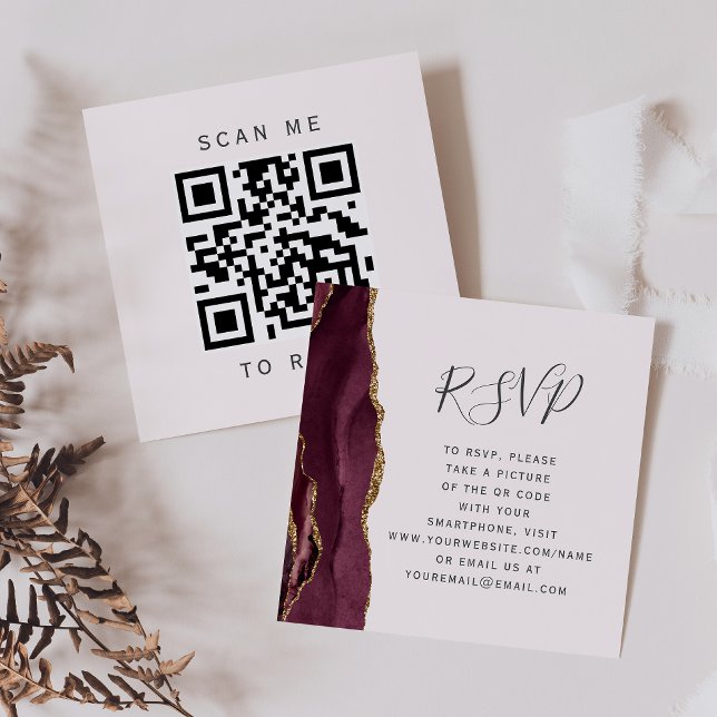 Burgundy Guld Agate  Bröllop QR Code OSA Tilläggskort (Skapare uppladdad)
