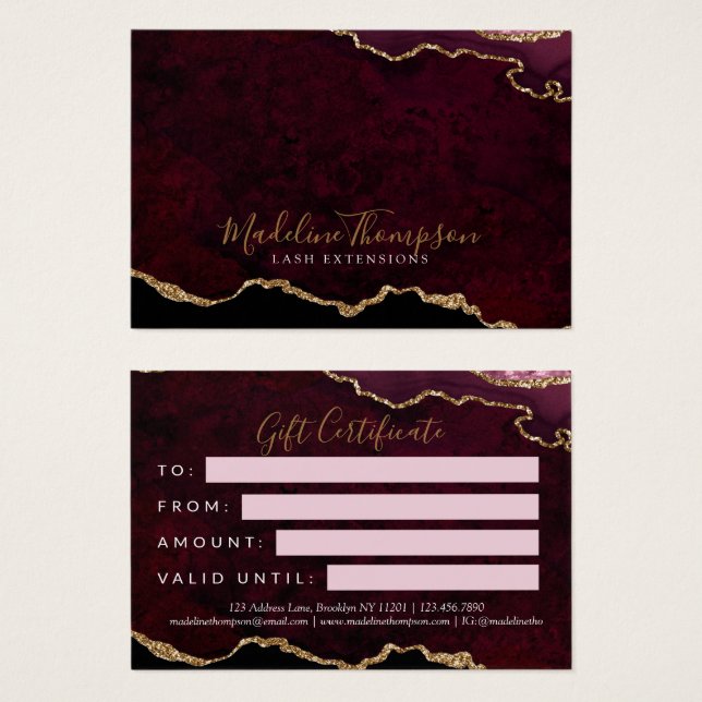 Burgundy Guld Agate Business Gift Certificate Visitkort (Framsida & baksida)