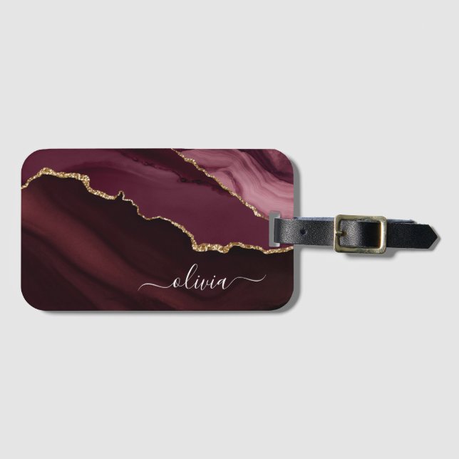 Burgundy Guld Agate Geode Guld Monogram Bagagebricka (Framsida horisontal)