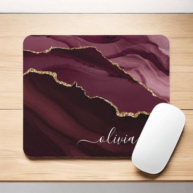 Burgundy Guld Agate Geode Guld Monogram Musmatta (Skapare uppladdad)