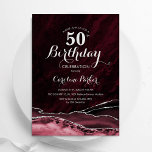 Burgundy Guld Agate Marble 50 Birthday Inbjudningar<br><div class="desc">Burgundy och silver agerade 50 födelsedagsfest inbjudan. Elegantens moderna utformning med marsala vin,  mörk röd vattenfärg agate marble geode-bakgrund,  faux glitter silver och typography-skript. Trendig inbjudan-kortets perfekt för en snyggt kvinnor i firande. Skrivna Zazzle-inbjudningar eller digital utskrivbar mall för omedelbar nedladdning.</div>