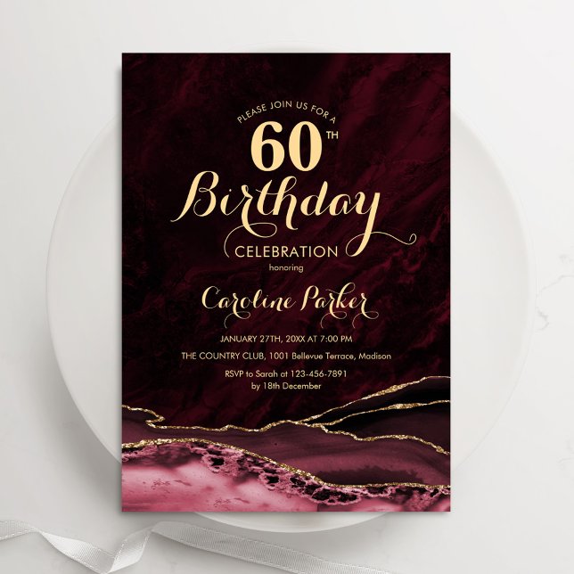 Burgundy Guld Agate Marble 60 Birthday Inbjudningar (Skapare uppladdad)
