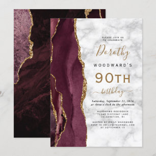 Burgundy Guld Agate Marble 90:e Födelsedagsfest Inbjudningar