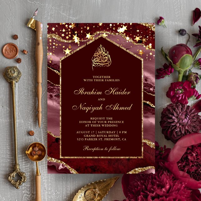 Burgundy Guld Agate Marble Arch Muslim Bröllop Inbjudningar (Skapare uppladdad)