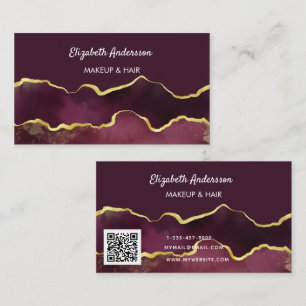 Burgundy guld agate marble elegant modern QR-kod Visitkort