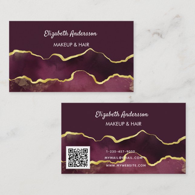 Burgundy guld agate marble elegant modern QR-kod Visitkort (Fram/baksida)