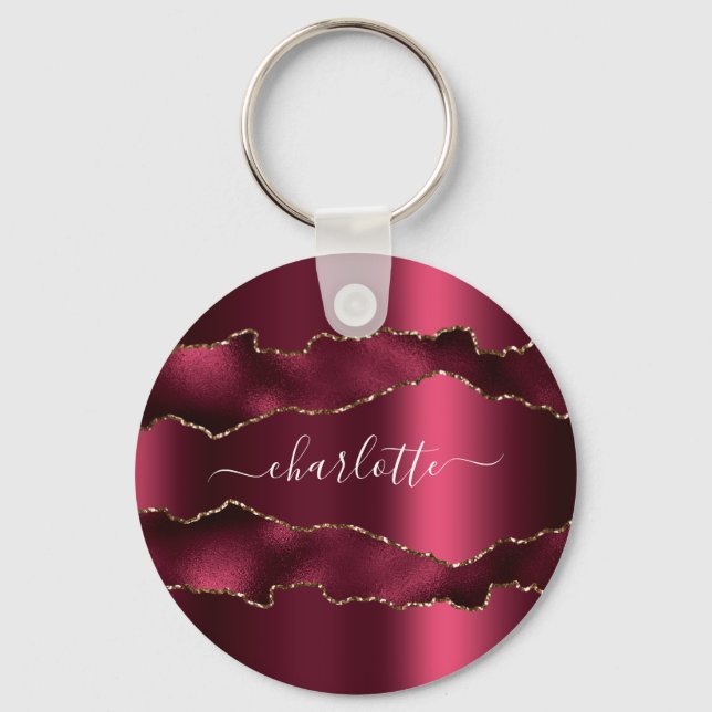 Burgundy guld agate marble namn-skript nyckelring (Framsida)