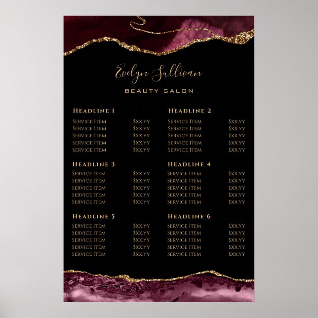 Burgundy Guld Agate Pris List Poster (Framsidan)
