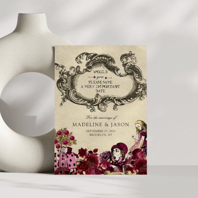 Burgundy Guld Alice i Wonderland Bröllop Spara Datumet (Skapare uppladdad)