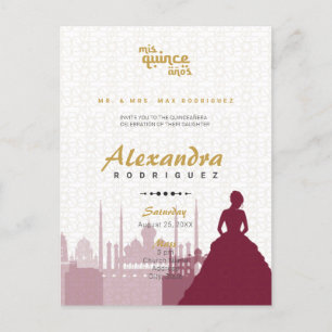 Burgundy & Guld Arabian Quinceañera-fotokort Vykort