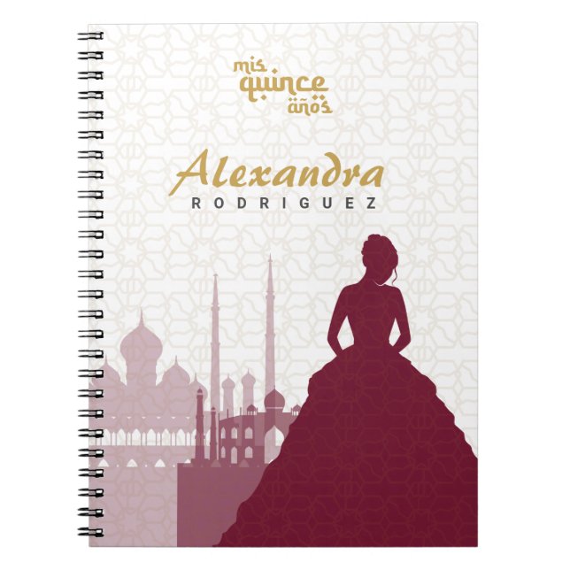 Burgundy & Guld Arabian Quinceañera Notebook Anteckningsbok (Framsidan)