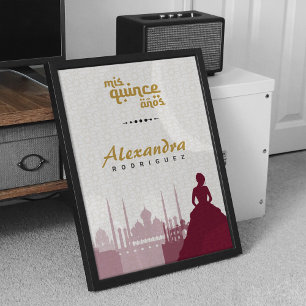 Burgundy & Guld Arabian Quinceañera Photo Poster