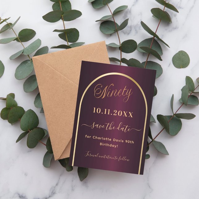 Burgundy guld arch 90:e födelsedag spara datumet (Skapare uppladdad)