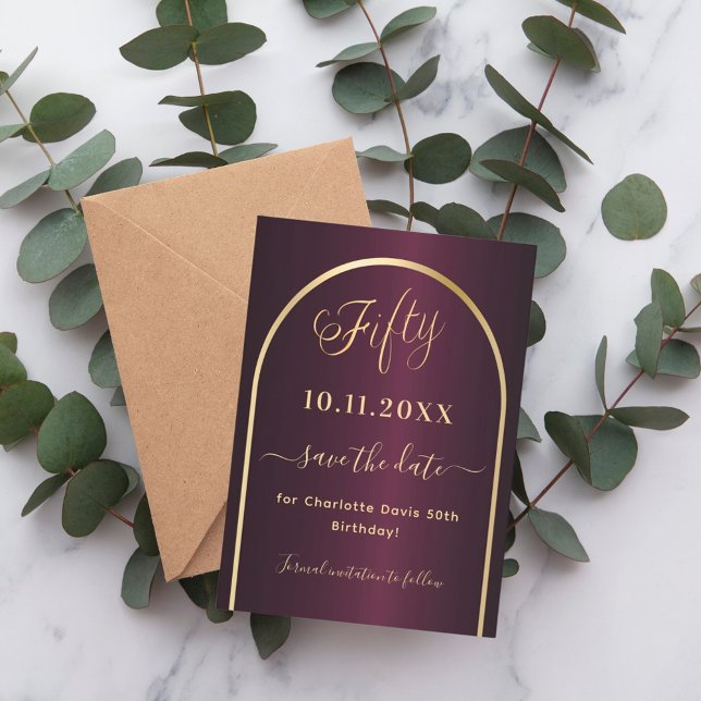 Burgundy guld arch fyller 50 år spara datumet (Skapare uppladdad)