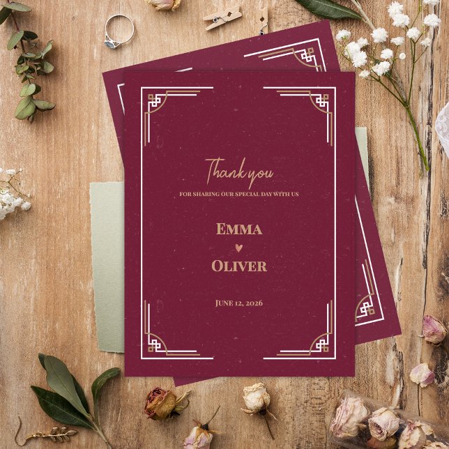 Burgundy Guld Art Deco Black Tie Bröllop Tacksamhe Vykort (Burgundy Gold Art Deco Wedding Thank You Card Black Tie Gatsby Thank You Card)