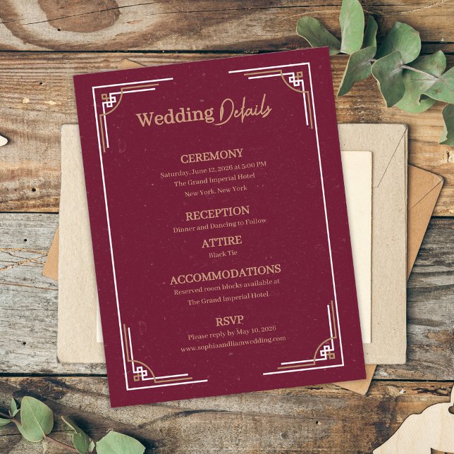 Burgundy Guld Art Deco Bröllop Detaljer Informatio Tilläggskort (Burgundy Gold Art Deco Wedding Details Card Black Tie Enclosure Card)