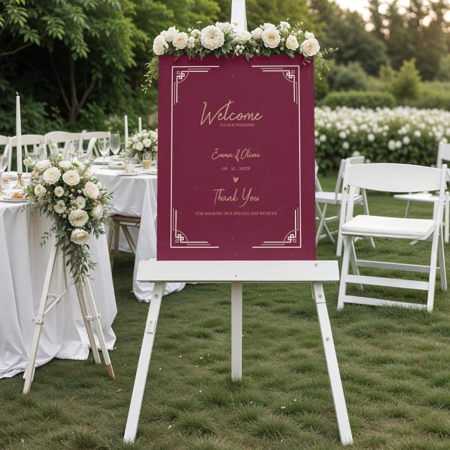 Burgundy Guld Art Deco Bröllopsvälkomst Poster (Burgundy Gold Art Deco Wedding Welcome Sign Black Tie Gatsby Wedding Poster)