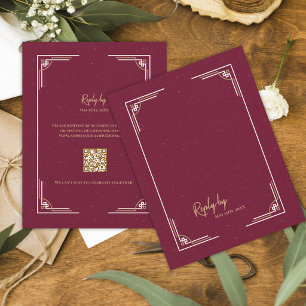 Burgundy Guld Art Deco QR-kod Svart Tie Bröllop OSA Kort