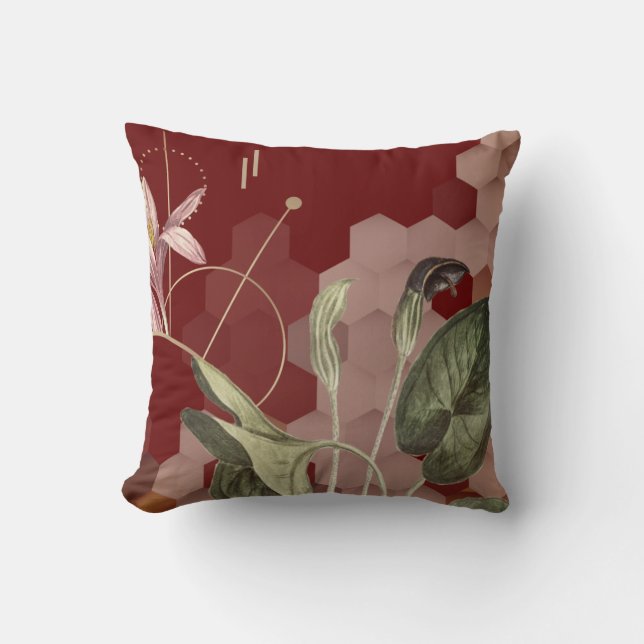 Burgundy & Guld Artistic Blommigt Ombre Hexagon Kudde (Framsida)