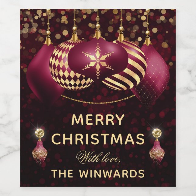 Burgundy & Guld Baubles God Jul Vinflaska Etikett (Singel etikett)