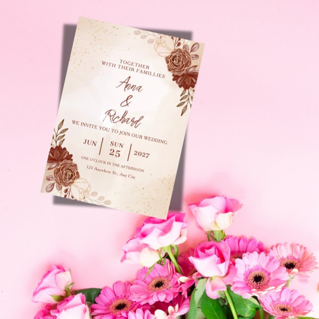 Burgundy & Guld Blommig Bröllopsinbjudan Inbjudningar (Skapare uppladdad)