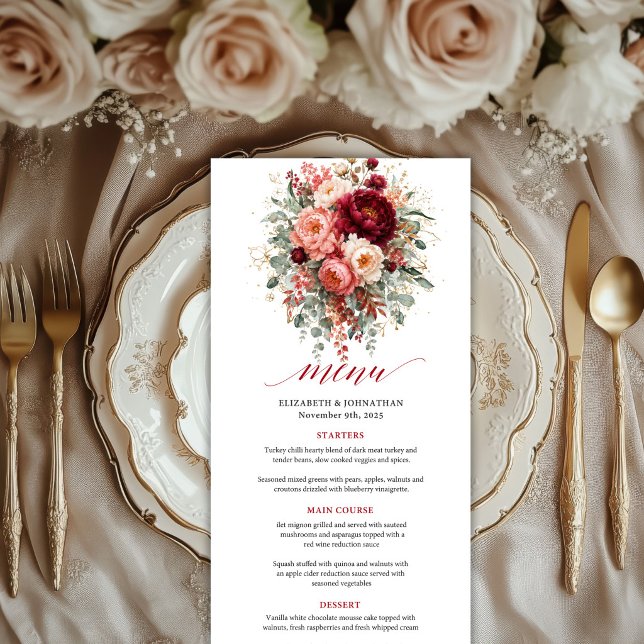 Burgundy Guld Blommig Djupröd Boho Tema bröllop  Meny (Burgundy Gold Floral Deep Red Boho Theme wedding menu

)