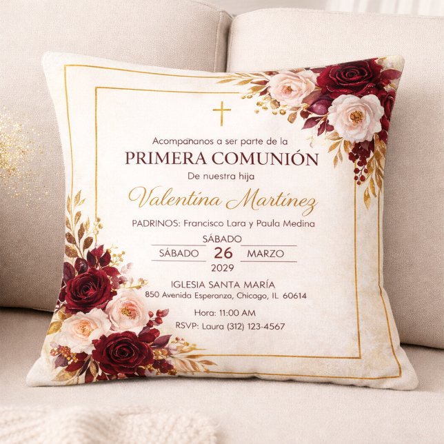Burgundy & Guld Blommig Första Kommunion Kudde (Skapare uppladdad)
