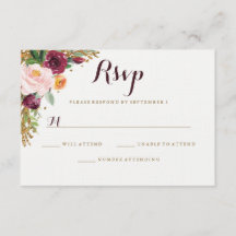 Burgundy Guld Blommig Glitter Bröllop RSVP